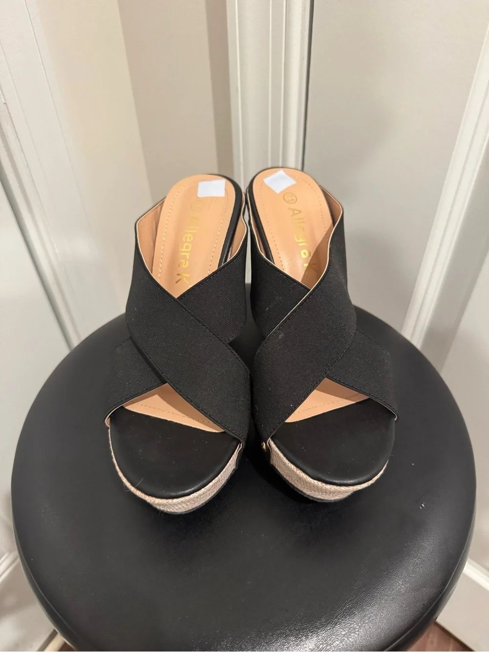 Allegra K Black Cross-Strap Wedge Sandals with Natural Wedge size 7.5
